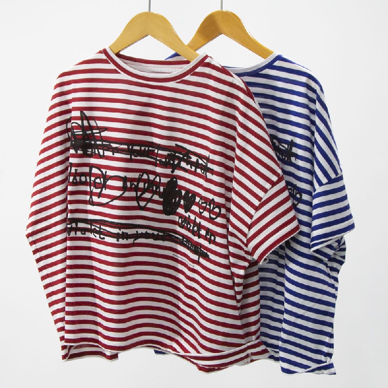 Y's for living　ワイズフォーリビング　60/2天竺ボーダーハートプリント　ワイドショート半袖シャツ　L22-L25-12