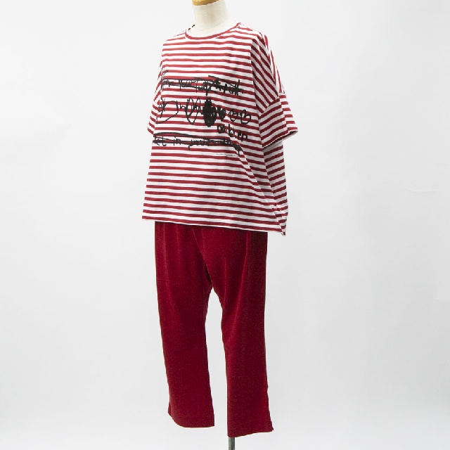 Y's for living　ワイズフォーリビング　60/2天竺ボーダーハートプリント　ワイドショート半袖シャツ　L22-L25-12-7