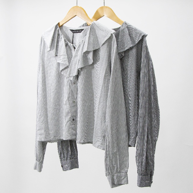 mizuiro ind　ミズイロインド　チェックフリルギャザーカラーシャツ　1-230152-0